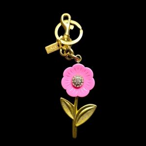 Letter "C" Pink Daisy Flower Metal Bag Charm Keychain with Gold Accents
